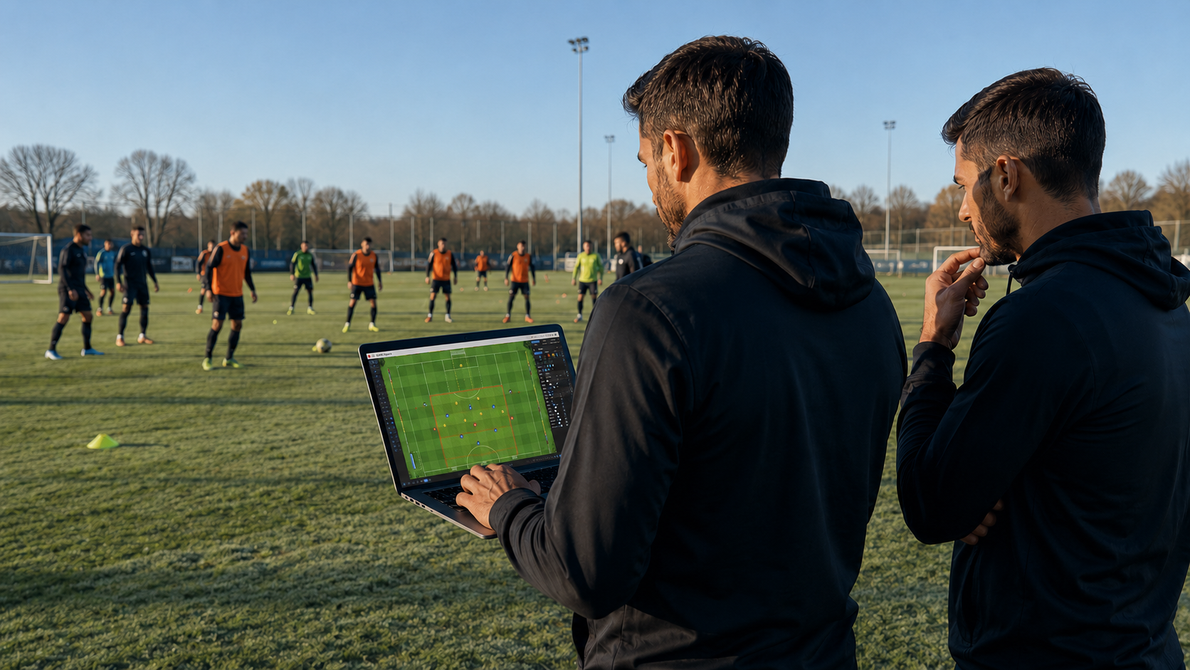 Cuerpo técnico trabajando en campo con tablet y jugadores